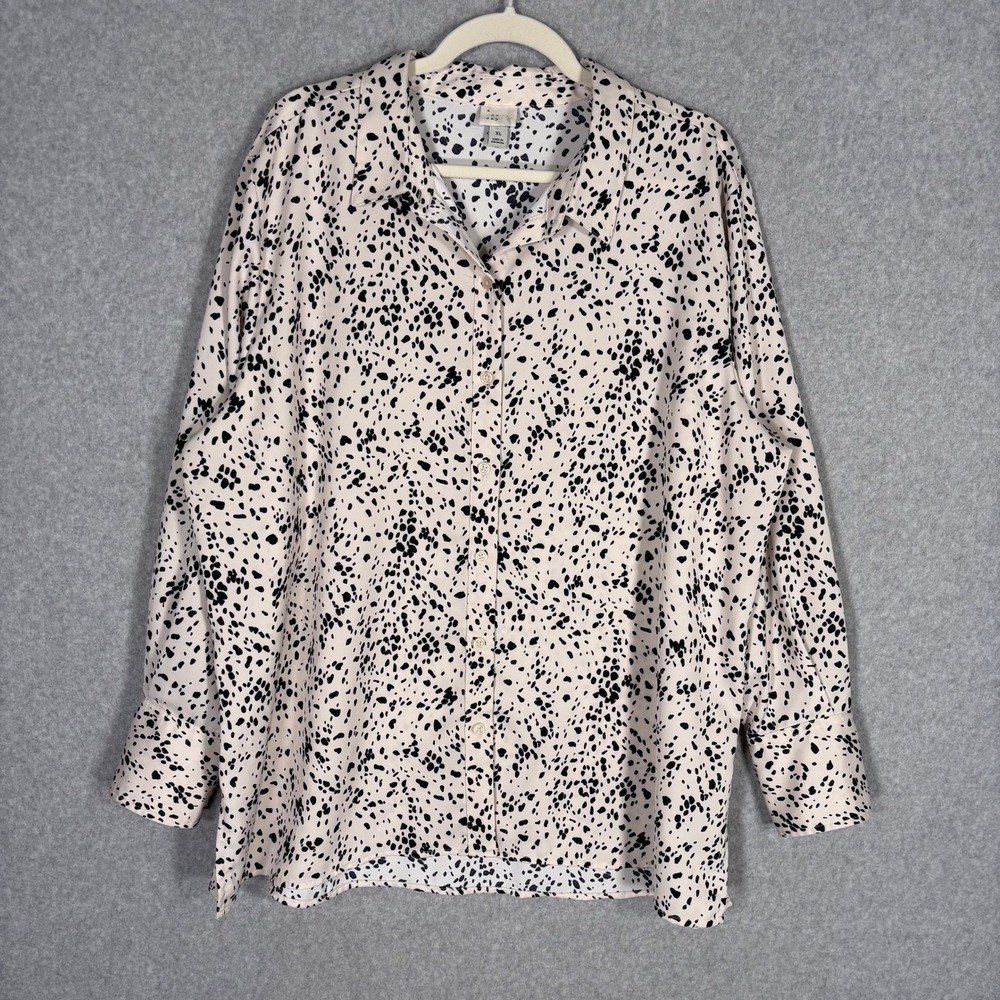 Animal Print Button Down Tunic Shirt XL Cream Black Dalmatian Abstract Blouse